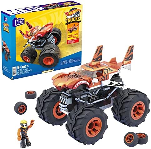 MEGA Hot Wheels Monster Trucks Building Toy Playset, Tiger Shark with 187 Pieces, 1 Micro Action Figure Driver, Orange and Black, Kids Age 5+ Years Mattel