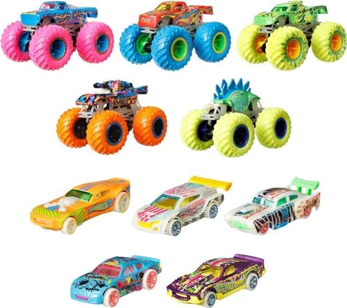 Hot Wheels Toy Monster Trucks 10-Pack, Set of 5 Glow in The Dark 1:64 Scale Trucks & 5 GITD 1:64 Scale Cars, Play Vehicles for Kids & Collectors Hot Wheels