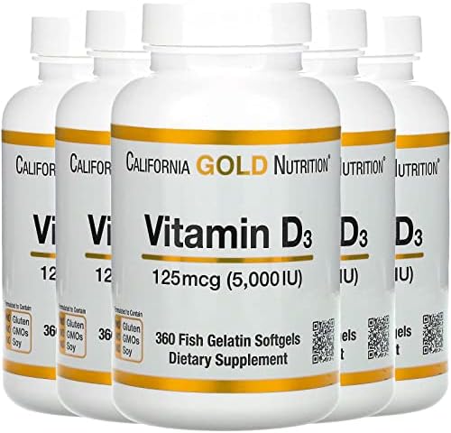 California Gold Nutrition Vitamin D3, 125 mcg (5,000 IU), 360 Fish Gelatin Softgels (Мягкие капсулы), 5 Pack California Gold Nutrition