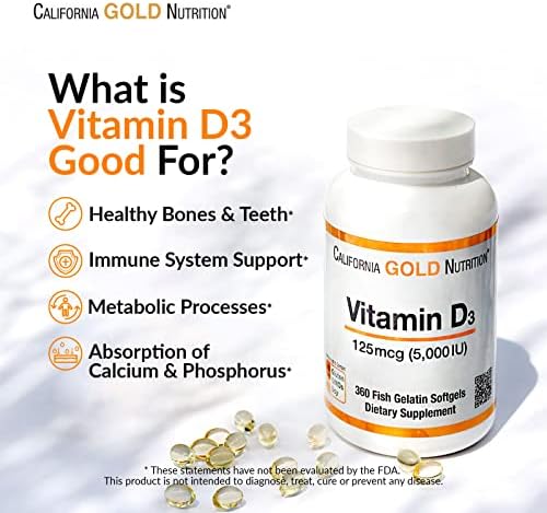 Vitamin D3 Supplement by California Gold Nutrition - Support for Healthy Bones & Teeth - Immune System Support - Gluten Free, Non-GMO - 125 mcg (5,000 IU) - 2 Pack of 90 Fish Gelatin Softgels Each California Gold Nutrition