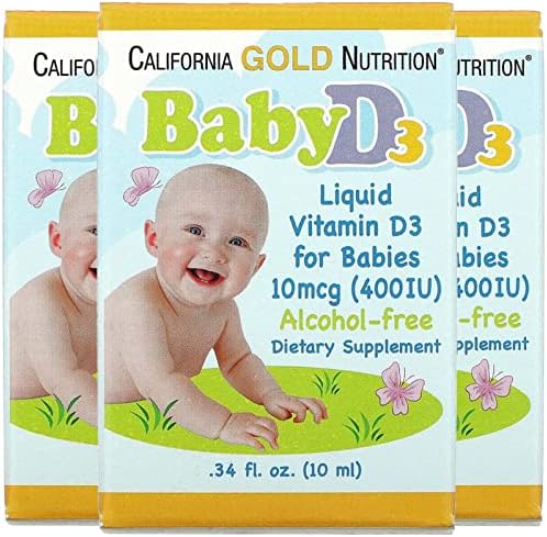 Baby Vitamin D3 by California Gold Nutrition - Liquid (Жидкость) D3 Supplement for Babies, Vegetarian Friendly - Developmental Support - Alcohol & Gluten Free, Non-GMO - 10 mcg (400 IU) - 0.34 fl oz (Жидкие унции) (10 ml), 3 California Gold Nutrition