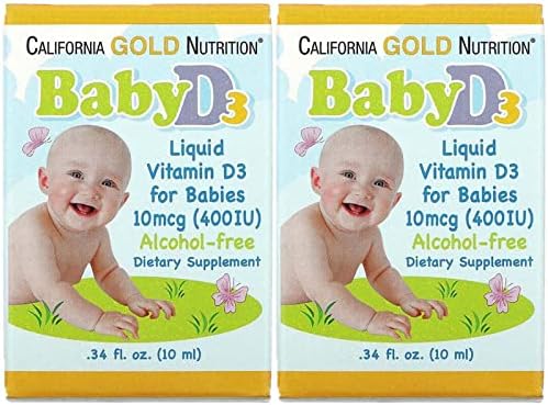 Baby Vitamin D3 by California Gold Nutrition - Liquid (Жидкость) D3 Supplement for Babies, Vegetarian Friendly - Developmental Support - Alcohol & Gluten Free, Non-GMO - 10 mcg (400 IU) - 0.34 fl oz (Жидкие унции) (10 ml), 2 California Gold Nutrition