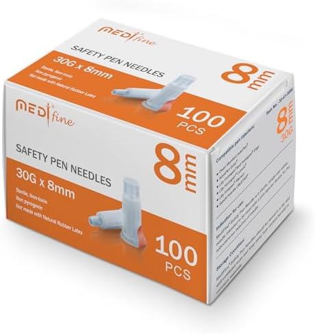 Fine Safety Pen Needles (30G 8mm) - Diabetic Needles for Insulin Injections, Ultra Fine Compatible with Most Diabetes Pens, Gamma Sterilized - 100 Ct, Pack of 1 Medt