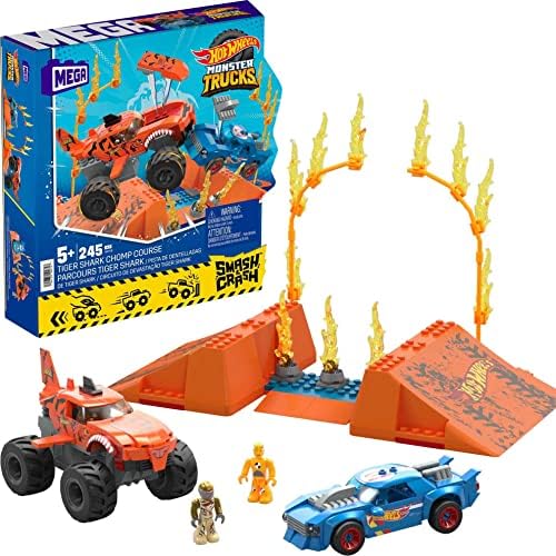 MEGA Hot Wheels Monster Trucks Toy Building Set, Smash & Crash Tiger Shark Chomp Course with 245 Pieces, 2 Micro Figure Drivers, Orange, Age 5+ Years Mega