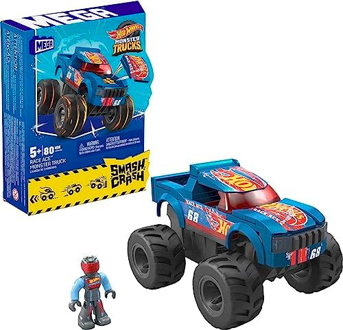 Mega Hot Wheels Monster Trucks Building Toy Car, Smash & Crash Race Ace with 85 Pieces, 1 Micro Action Figure Driver, Blue, Kids Age 5+ Years Mega