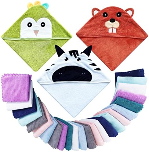 3 Pack Baby Hooded Bath Towel with 24 Count Washcloth Sets for Newborns Infants & Toddlers, Boys & Girls - Baby Registry Search Essentials Item - Dog, Panda, Bee Lovely Care