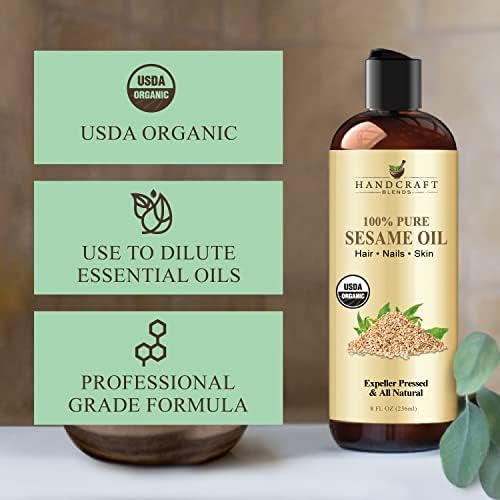 Handcraft Blends Organic Sesame Oil - 8 Fl Oz - 100% Pure and Natural - Premium Grade Hair and Body Oil - Carrier Oil - Massage Oil - Expeller-Pressed and Hexane-Free Handcraft Blends