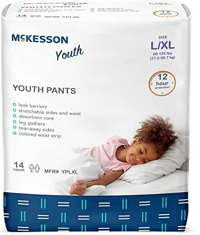 McKesson Youth Pants, Overnight Pediatric Pants for Boys or Girls, Disposable Training Pant, 12 Hour Protection - Size Large/XL, 60-120 lbs, 14 Count, 4 Packs, 56 Total Mckesson