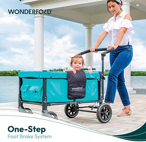 WONDERFOLD W1 Original Stroller Wagon (2 Seater) - Collapsible Wagon Stroller with Seats with 5-Point Harnesses, Adjustable Push Handle, and Sun Canopy, Jet Black WONDERFOLD