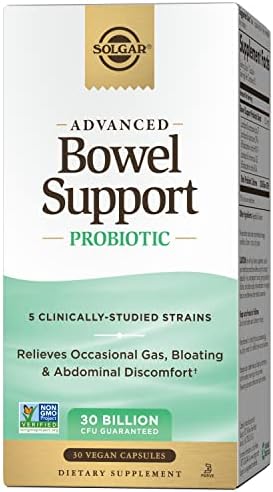 Solgar Advanced Bowel Support Probiotic, 30 Vegan Capsules (Веганские капсулы) - 30 Billion CFU - 5 Clinically-Studied Strains - for Occasional Gas, Bloating & Abdominal Discomfort - Non-GMO & Vegan, 30 Servings (Порции) Solgar