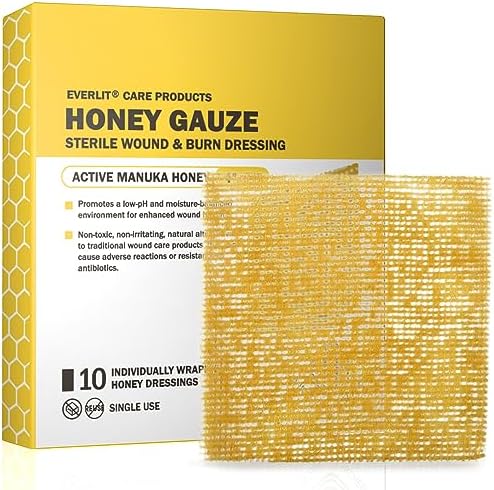 Everlit Care Honey Gauze - Medical Grade Manuka Honey Patches for Cuts, Skin Tears, Burns | Sterile Wound Care Burn Dressing 4" x 4" (Pack of 10) EVERLIT