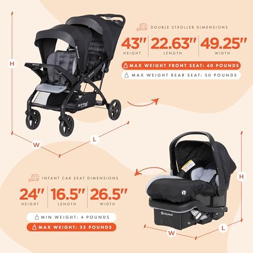 Baby Trend Sit N' Stand Double Stroller 2.0 and 2 EZ-Lift 35 Plus Car Seat Combo Set for Toddler & Infant, with 5 Point Safety Harness, Modern Khaki Baby Trend