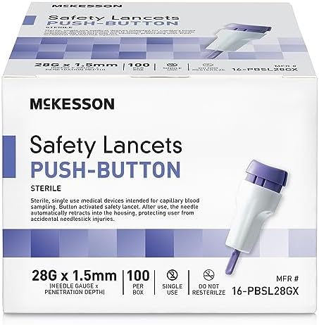 McKesson Safety Lancet, Retractable, Push Button Activation - Ideal for Blood Testing - Sterile, Single Use, 28 Gauge, 1.5mm Depth, 100 Count, 1 Pack Mckesson