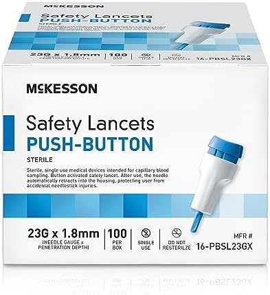 McKesson Safety Lancet, Retractable, Push Button Activation - Ideal for Blood Testing - Sterile, Single Use, 23 Gauge, 1.8mm Depth, 100 Count, 1 Pack Mckesson