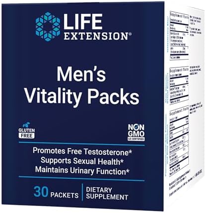 LIfe Extension Men’s Vitality Packs, 1-Daily, Black Ginger Extract, Pomegranate Peel, Cacao Seed Extract, Saw Palmetto, beta-sitosterol, Energy Management, Sexual Function, Prostate Health, 30 Packs Life Extension