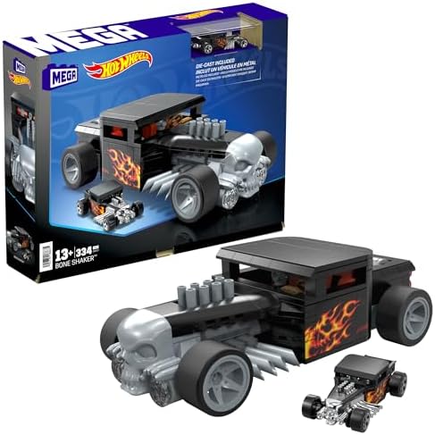 Mega Hot Wheels Race Car Building Toys Set, Bone Shaker with 334 Pieces and Metal Die-Cast Model, Collector Replica, Black and Chrome, Kids & Adults Mega