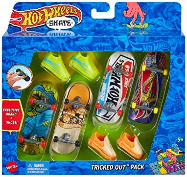 Hot Wheels Skate 4 Fingerboards & 2 Pairs of Removable Skate Shoes, Tricked Out Pack of Fully Assembled Boards, 1 Exclusive Set Hot Wheels