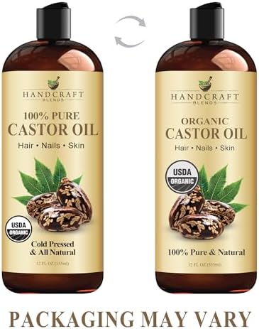 Handcraft Blends Cold-Pressed Organic Castor Oil in Glass Bottle - 16 Fl Oz - Hair Relaxer for Tight Curls - 100% Pure and Natural - Premium Grade Oil for Hair Growth, Eyelashes and Eyebrows Handcraft Blends