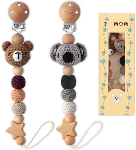 Pacifier Clip, 2 Pack Pacifier Holder for Boys and Girls, Cute Deer Handmade Knitted Christmas Pacifier Clip Fits for Most Pacifier, Baby Teethers, Baby Shower and Baby Gift(Elephant&Deer) LSTRAGY