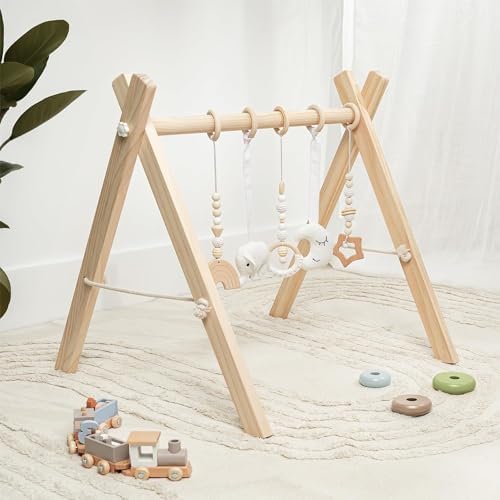 Comfy Cubs Baby Play Gym Set, Wooden Baby Playgym, Interactive Activity Center Hanging Bar with Gym Toys, Foldable for Infants, Newborn Gift for Baby Girl and Boy Comfy Cubs