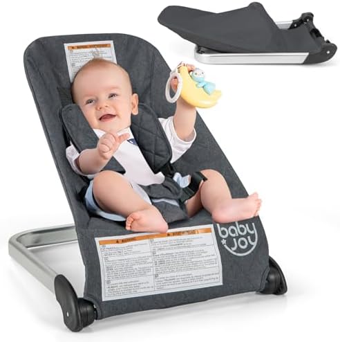 Шезлонг BABY JOY Baby Bouncer, Складной шезлонг с 5-точечным ремнем безопасности, Съемный текстильный чехол, Портативный шезлонг для новорожденных 0-6 месяцев (Бежевый) Baby Joy