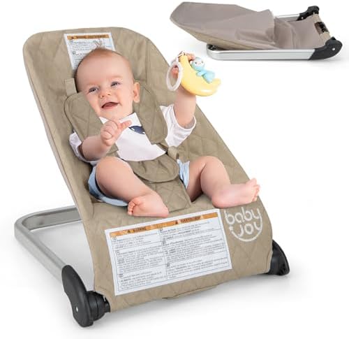 Шезлонг BABY JOY Baby Bouncer, Складной шезлонг с 5-точечным ремнем безопасности, Съемный текстильный чехол, Портативный шезлонг для новорожденных 0-6 месяцев (Бежевый) BABY JOY