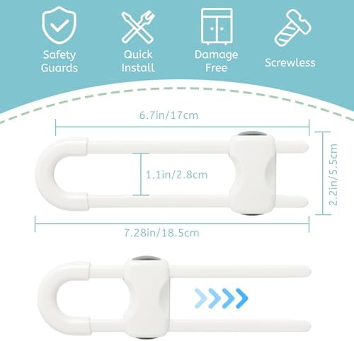 Baby Proofing Cabinets, Sliding Cabinet Locks for Babies, Adjustable U Shaped Baby Safety Locks, Childproof Cabinet Latch for Kitchen, Bathroom, Drawer, Cupboard Doors Knobs & Handles (6 Pack White) Reaeon