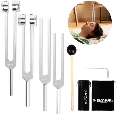 Tuning Forks for Healing Set (128HZ, 136.1HZ, 256HZ, 384HZ), Tuning Fork with Reflex Hammer 4-Piece Set for Chakras/Sound Therapy/Healing/Medicine, A Good Gift for Women, Meditation Beginner (Gold) BESMORY