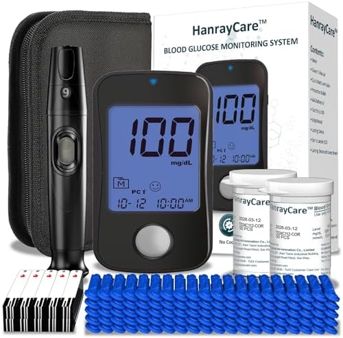 TD-4125 Superior to Most Blood Glucose Monitor Kit, Patented 2+2 Bio Tech, 100 Glucometer Strips & Lancets, 1 Blood Sugar Monitor & Lancing Device, No Coding Diabetes Test Kit, Larger Backlight Screen HanrayCare