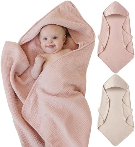 Muslin Baby Towels with Hood for Newborn 100% Cotton Baby Bath Towels Soft & Absorbent Hooded Baby Towel for Boys and Girls, Large Size - 32 * 32 Inches (Ivory & Pink) MairMore