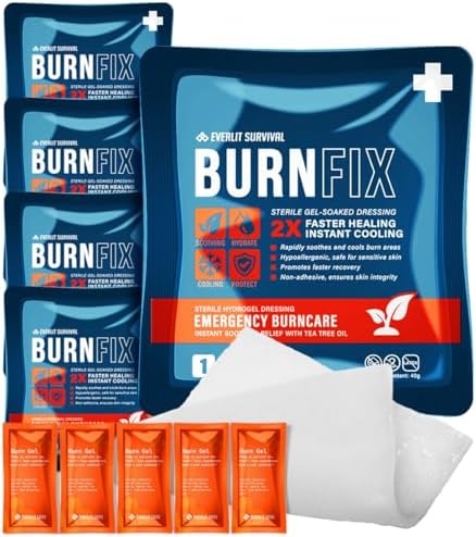 Everlit Survival Burn Dressing 4" x 4" | Sterile Gel-Soaked Non-Adherent Pad for Instant Cooling, Calming & Soothing | Fast-Healing First Aid Supply Compact Kit (Pack of 5) EVERLIT