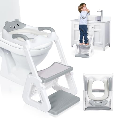 Orzbow 2-IN-1 Potty Training Toilet Seat with Step Stool for Toddler, Stability Training Potty Seat for Kids Boys Girls with Splash Guard and Anti-Slip Pad, Adjustable Ladder & Potty Seat Height, Grey Orzbow