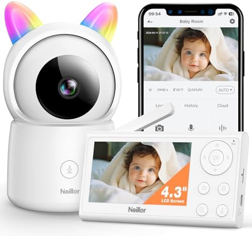 Baby Monitor, 4.3" Video Baby Monitor with 1080P Camera, Smart 2.4G WiFi Audio Monitor with Remote PTZ, Night Vision, 2-Way Talk, Sleep Mode, RGB Night Lights, Lullabies & 1000ft Range, APP Control NOILLER