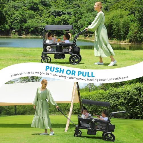 ELEMARA Stroller Wagon for 2 Kids, Foldable Wagon Stroller, Premium All Terrain Wagon for Kids, Kids Wagon Cart w/Removable Canopy, Adjustable Push/Pull Handle, Harnesses, Large Storage Bag, Black ELEMARA