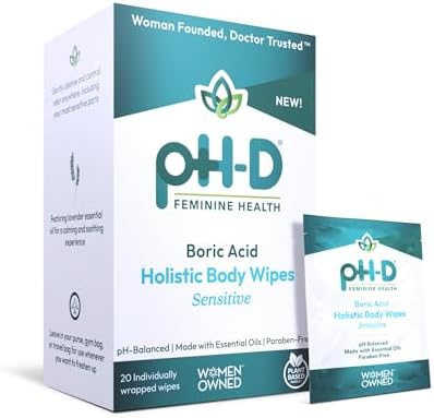 pH-D Feminine Health - Boric Acid Wipes - Holistic Body Wipes - Travel Friendly, pH-Balanced, Paraben-Free, and Made with Essential Oils - Sensitive - 20 count PH-D Feminine Health Support