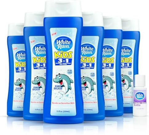 White Rain Kids 3 in 1 Pure Splash Pack of 6 - Kids' Shampoo, Conditioner, and Body Wash - Kids Tear Free Shampoo - Dye Free Kids 3 in 1 Body Wash and Shampoo - 12oz Each White Rain