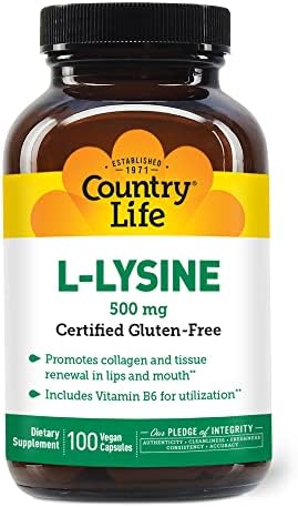 Country Life L-Lysine 500mg with B-6, Supports Immune Health, Promotes Collagen Renewal in Lips and Mouth, 100 Vegan Capsules (Веганские капсулы), Certified Gluten Free, Certified Vegan Country Life