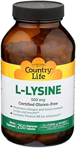 Country Life L-Lysine 500mg with B-6, Supports Immune Health, Promotes Collagen Renewal in Lips and Mouth, 250 Vegan Capsules (Веганские капсулы), Certified Gluten Free, Certified Vegan Country Life