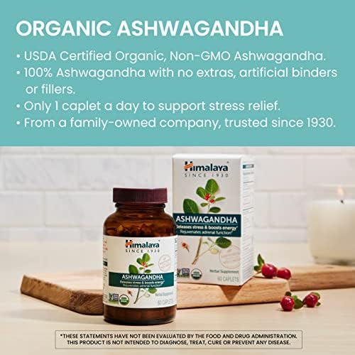 Himalaya Organic Ashwagandha, 120 Day Supply, Herbal Supplement for Stress Relief, Energy Support, Occasional Sleeplessness, USDA Organic, Non-GMO, Vegan, Gluten Free, 670 mg, 60 Caplets, 2 Pack Himalaya