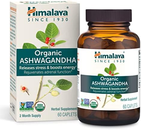 Himalaya Organic Ashwagandha, 60 Day Supply, Herbal Supplement for Stress Relief, Energy Support, Occasional Sleeplessness, Organic, Non-GMO, Vegan, Gluten Free, 670 mg, 60 Caplets Himalaya