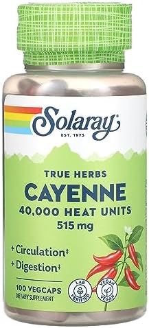 Solaray Cayenne Pepper 515 mg | 40,000 Heat Unit | Healthy Digestion, Circulation, Metabolism & Cardiovascular Support | Non-GMO | 100 VegCaps Solaray