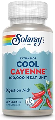 Solaray Extra Hot Cool Cayenne 100,000 HU - Traditional Folk Remedy and Digestion Aid - Bio-Cool Process - Lab Verified, GMP Facility, 60-Day Guarantee - 45 Servings (Порции), 90 VegCaps Solaray