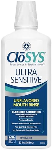 CloSYS Ultra Sensitive Mouthwash, Unflavored Alcohol Free, Dye Free, pH Balanced, Helps Soothe Entire Mouth – 32 Oz (Pack of 2) CloSYS