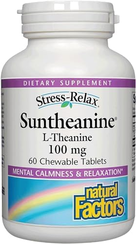 Stress-Relax Chewable Suntheanine L-Theanine 100 mg by Natural Factors, Non-Drowsy Stress Support for Mental Calmness and Relaxation, Tropical Fruit Flavor, 60 Tablets (Таблетки) Natural Factors