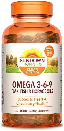 Sundown Omega 3 6 9, with Flax, Fish and Borage Oils, Supports Heart and Circulatory Health, 200 Softgels (Мягкие капсулы) (Packaging May Vary) Sundown