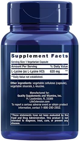 Life Extension L-Lysine, 620 mg, Essential Amino Acid for Healthy nitrogen Balance, Calcium Metabolism, Stress Response & More, Gluten-Free, Non-GMO, Vegetarian, 100 Capsules Life Extension