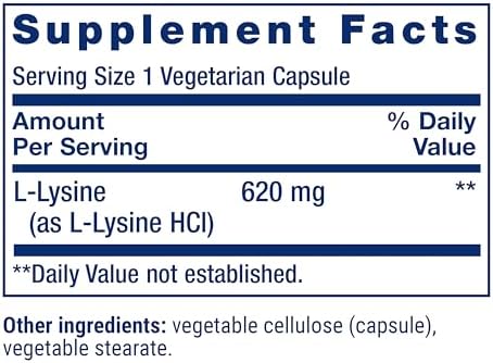 L-Лизин 620 мг, эссенциальная аминокислота для здорового баланса азота, метаболизма кальция, 100 капсул Life Extension