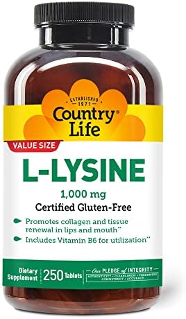 Country Life L-Lysine 1000mg with Vitamin B6-100 Tablets (Таблетки) - Promotes Collagen and Tissue Renewal - Aids Utilization - Gluten-Free… Country Life