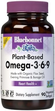 Bluebonnet Nutrition Plant Based Omega 3-6-9-1000 mg – for Heart Health* – Highly Absorbable Cold Pressed Oil – Non-GMO Project Verified, Vegan – Free of Gluten, Soy & Milk - 90 Softgels (Мягкие капсулы), 90 Serving (Порция) Bluebonnet