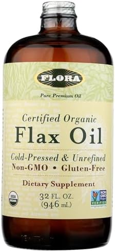 Flora Certified Organic Flax Seed Oil - Cold Pressed & Unrefined - Non-GMO, Gluten-Free, Kosher Omega Flax Oil Blend - Essential Fatty Acids for Wellness - Amber Glass Bottle - 32 oz (Унции) Flora